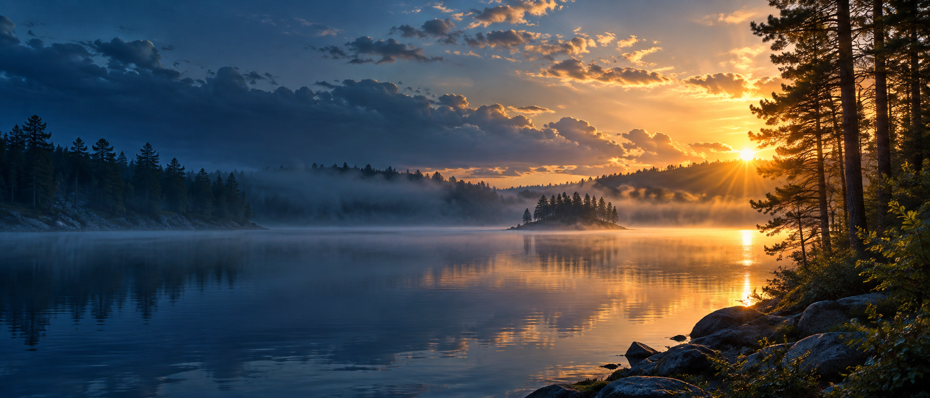 Sunrise over a peaceful northern Minnesota lake framed by pine trees